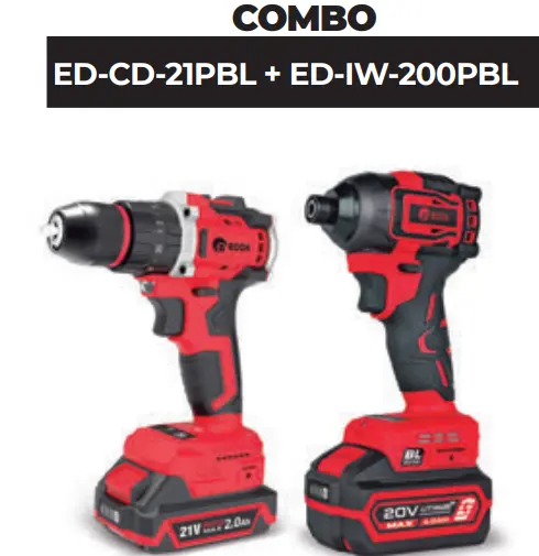 [ED-CD-21PBL + ED-IW-200PBL] Combo Taladro de pistola y Llave de impacto sin escobillas de 21 V